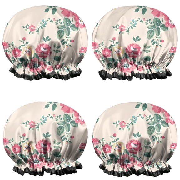 Shower Caps,Pioneer Flower Floral Print Pattern Waterproof Shower Cap for Women 4 Pieces,Double Reusable Hair Cover for Shower PEVA Elastic Stretch Hem