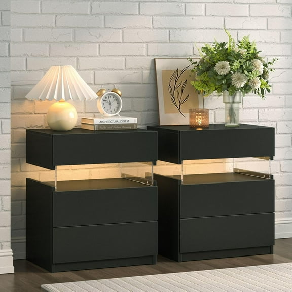 Black LED Nightstand Set of 2,Night Stand Set 2,Modern Night Stand with 3 Drawers,Night Stands for Bedroom Set of 2,Bedside Table with Silent Slide Drawer