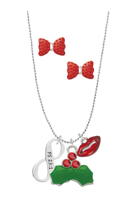 Silvertone Psalm 23:1 Infinity Sign Christmas Kiss Charm Necklace and Stud Earrings