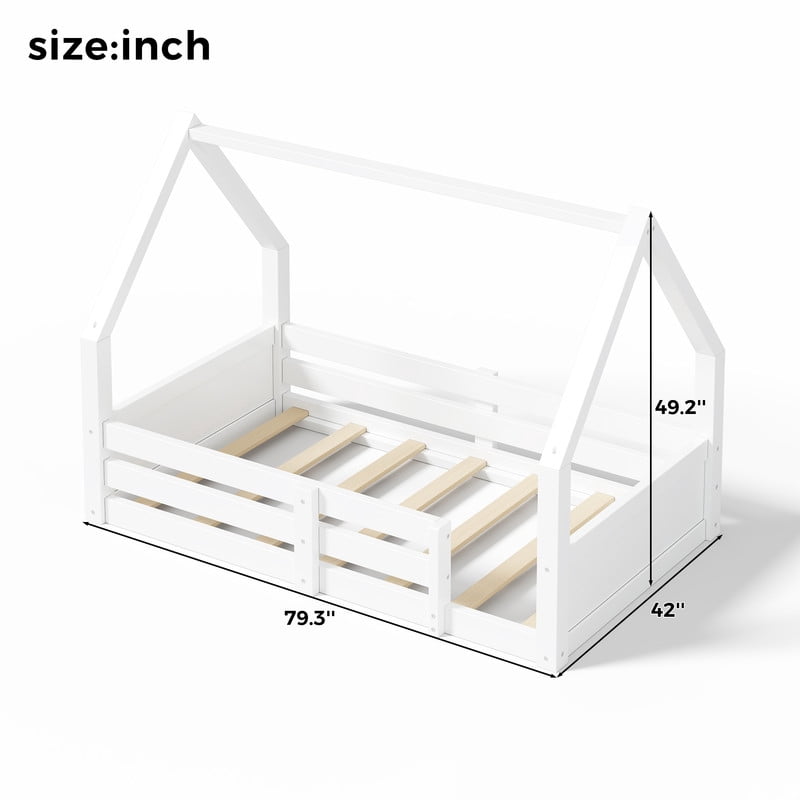 Twin Size Kids House Floor Bed, Wooden Platform Bed Frame with Open Roof Frame, Child Bed with Fence Guardrails