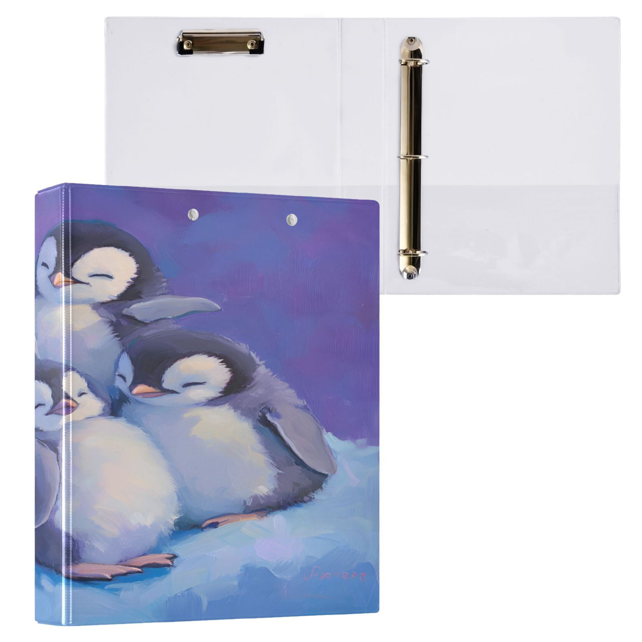 Penguins Plush Absorbent 12.4x10.6in PVC Round Ring Binder, D-Ring 3-Hole, Metal Clip, 200 Sheets