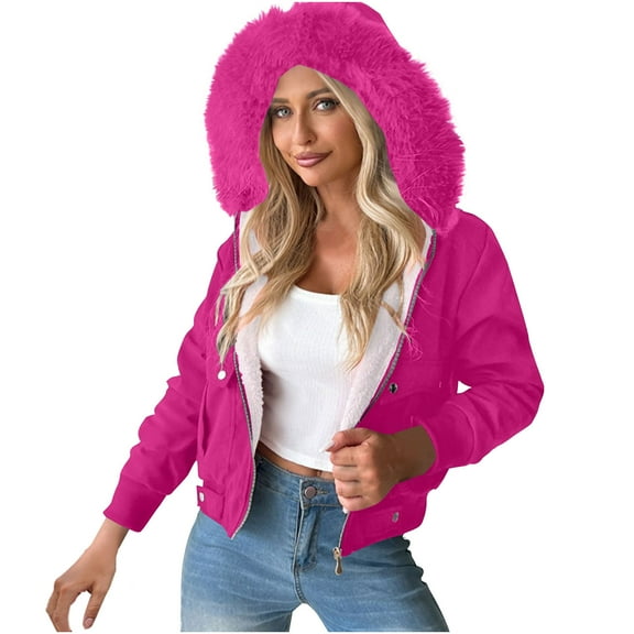 UAMVSH Hooded Quilted Jackets for Women Cropped Winter Sherpa Lined Hoodie Full Zipper Long Sleeve Warm Fleece Coats with Pockets(X-Large,Hot Pink)