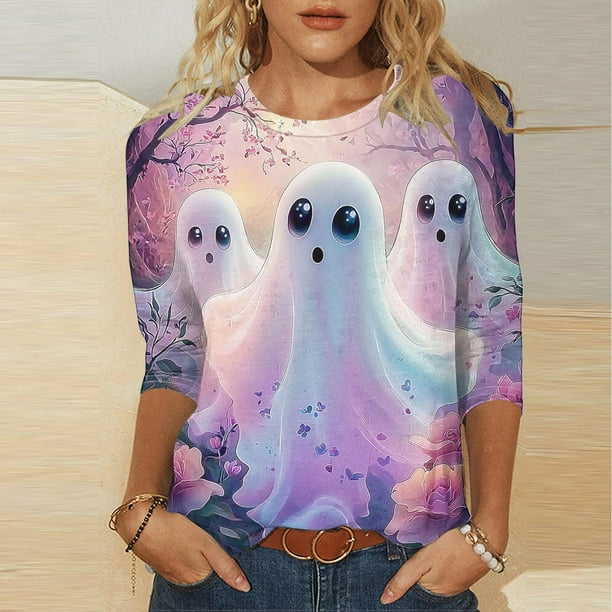 Heisall Womens Hoodies Halloween Print Round Neck 3/4 Sleeve Loose Fit Tshirts 2025 New Arrival Fashion Tops