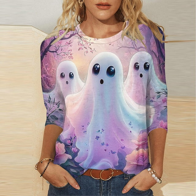 Heisall Womens Hoodies Halloween Print Round Neck 3/4 Sleeve Loose Fit Tshirts 2025 New Arrival Fashion Tops