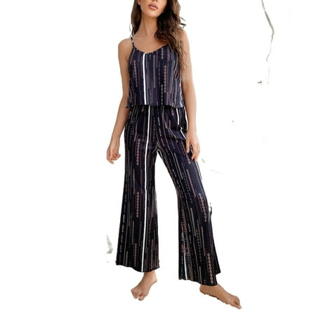 

Casual Geometric Spaghetti Strap Pant Sets Multicolor Sleeveless Women Pajama Sets S