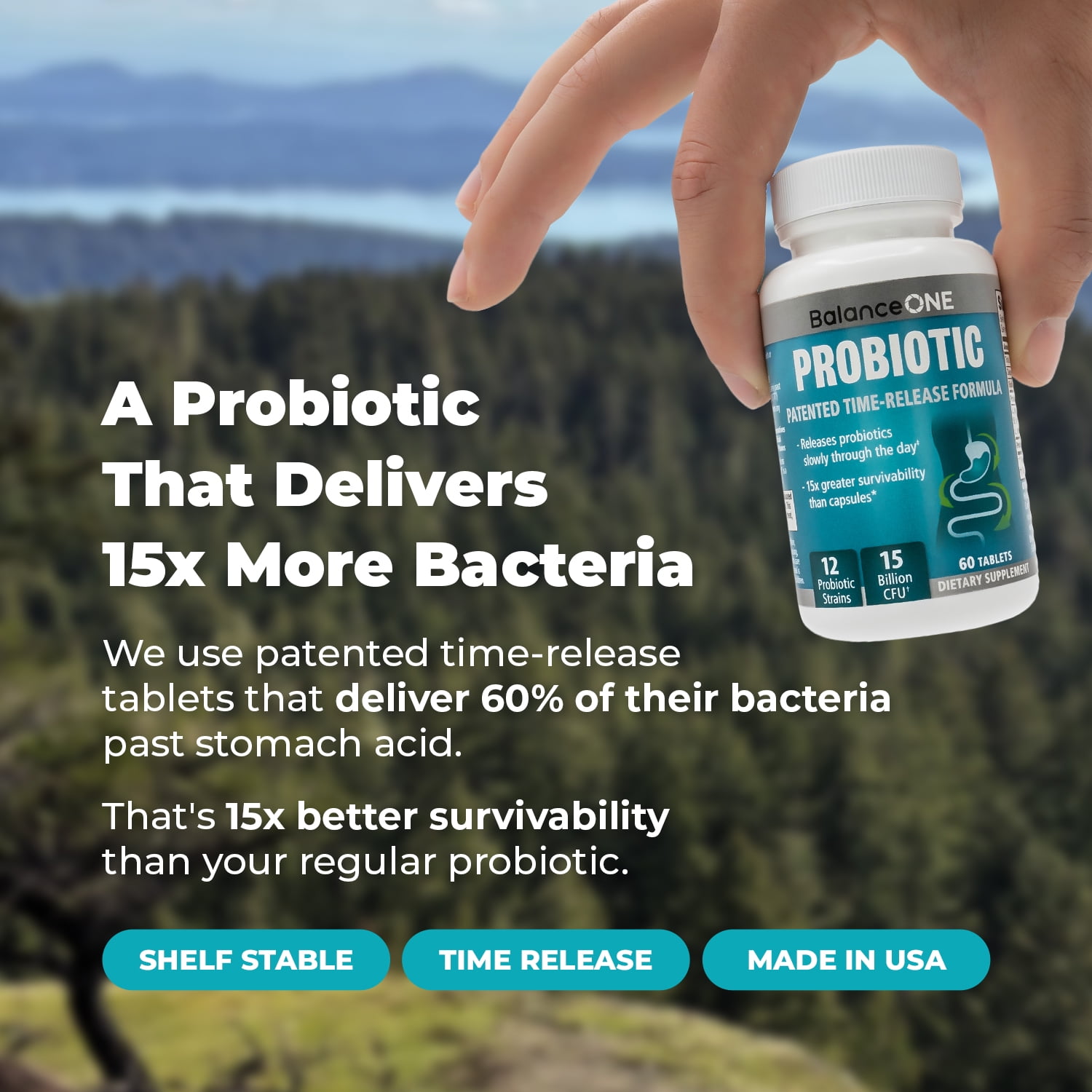 Balance ONE Time-Release Probiotic, 15 Billion CFUs, 12 Strains, Vegan, Gluten-Free, 60 Tablets