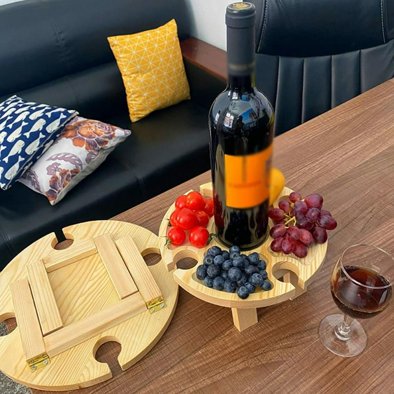 Folding Picnic Table, Camping Picnic Wine Glass Holder Outdoor Garden Round  Wooden Wine Table, Small Wine Rack Portable Wine Holder Phone Stand, Wine