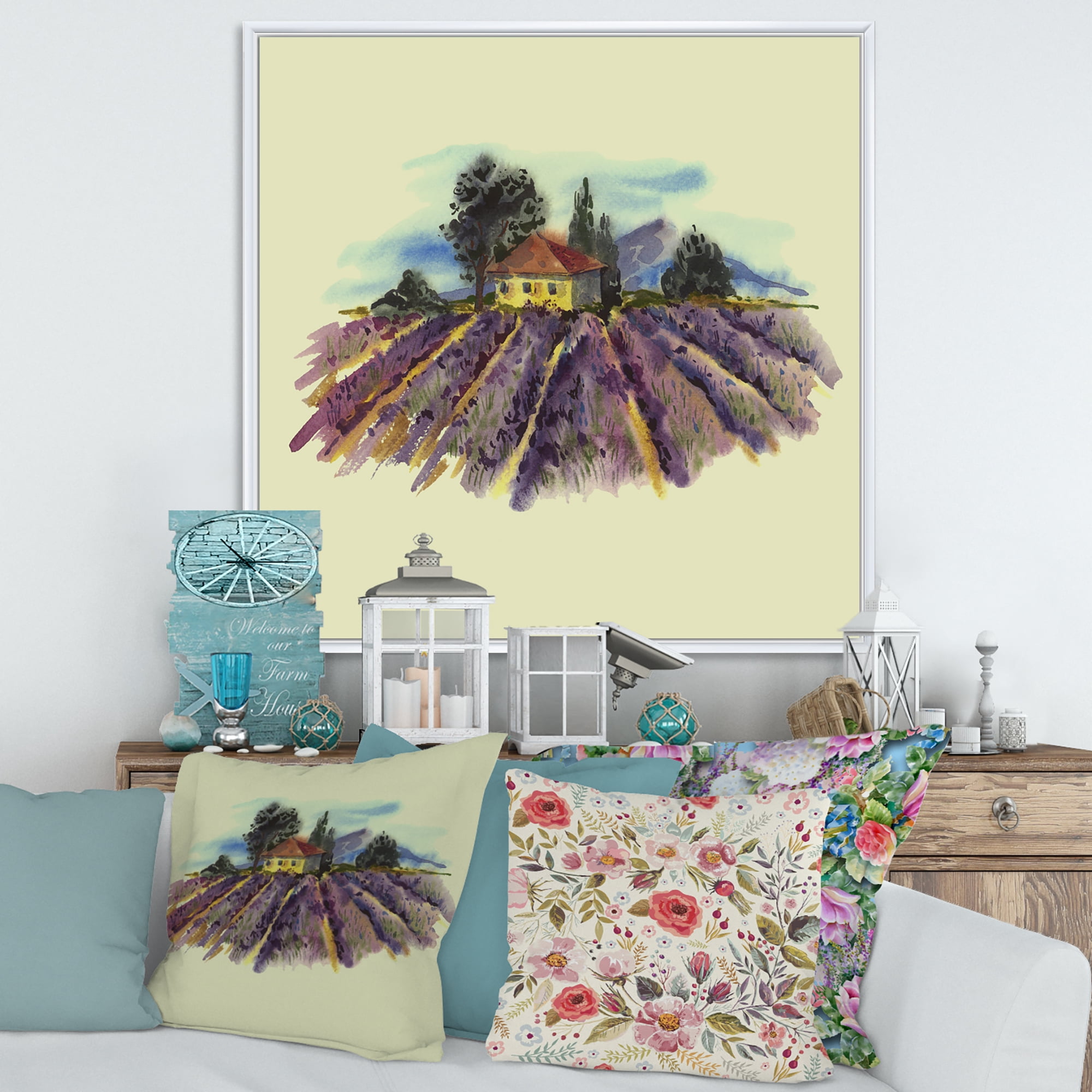 Designart 'Landscape With Blooming Lavender and Village House' Traditional Framed Canvas Wall Art Print