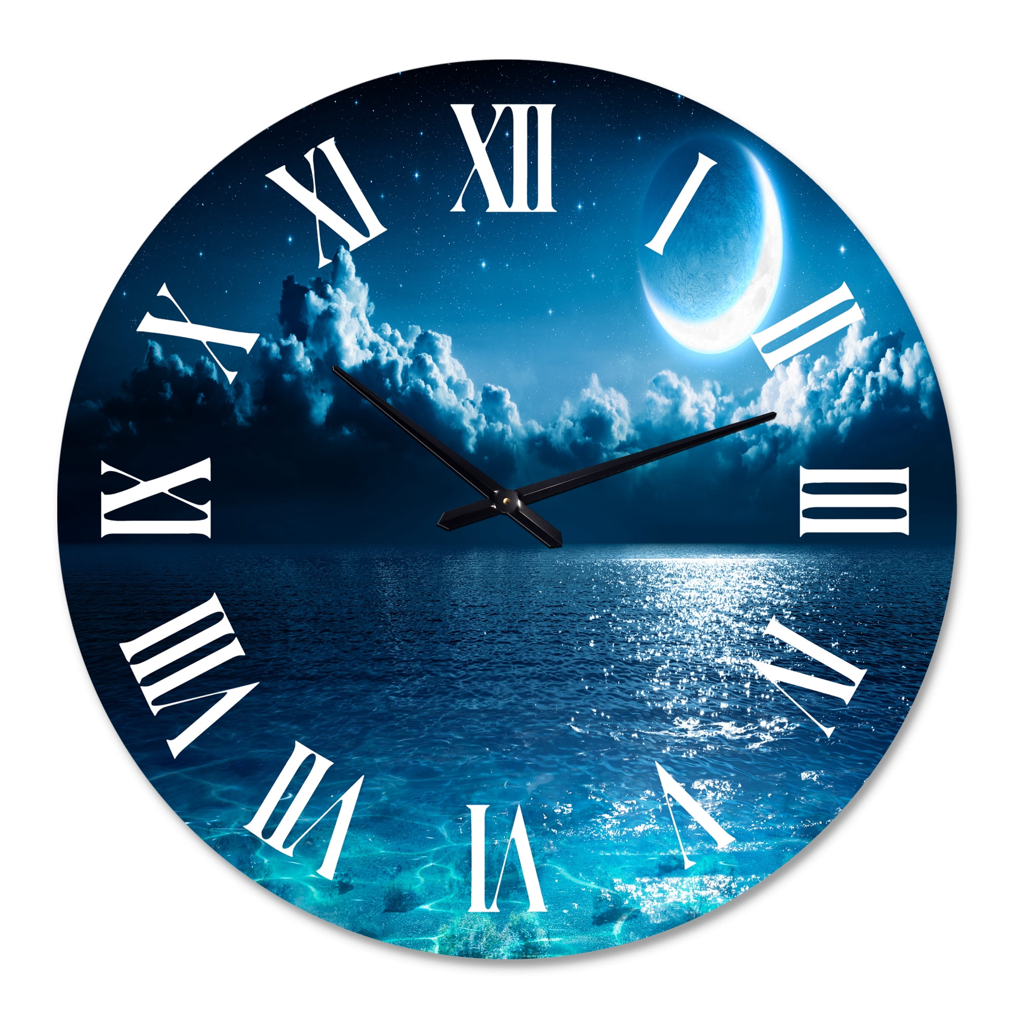 Designart 'Romantic Moon Over Deep Blue Sea I' Nautical & Coastal Wall Clock