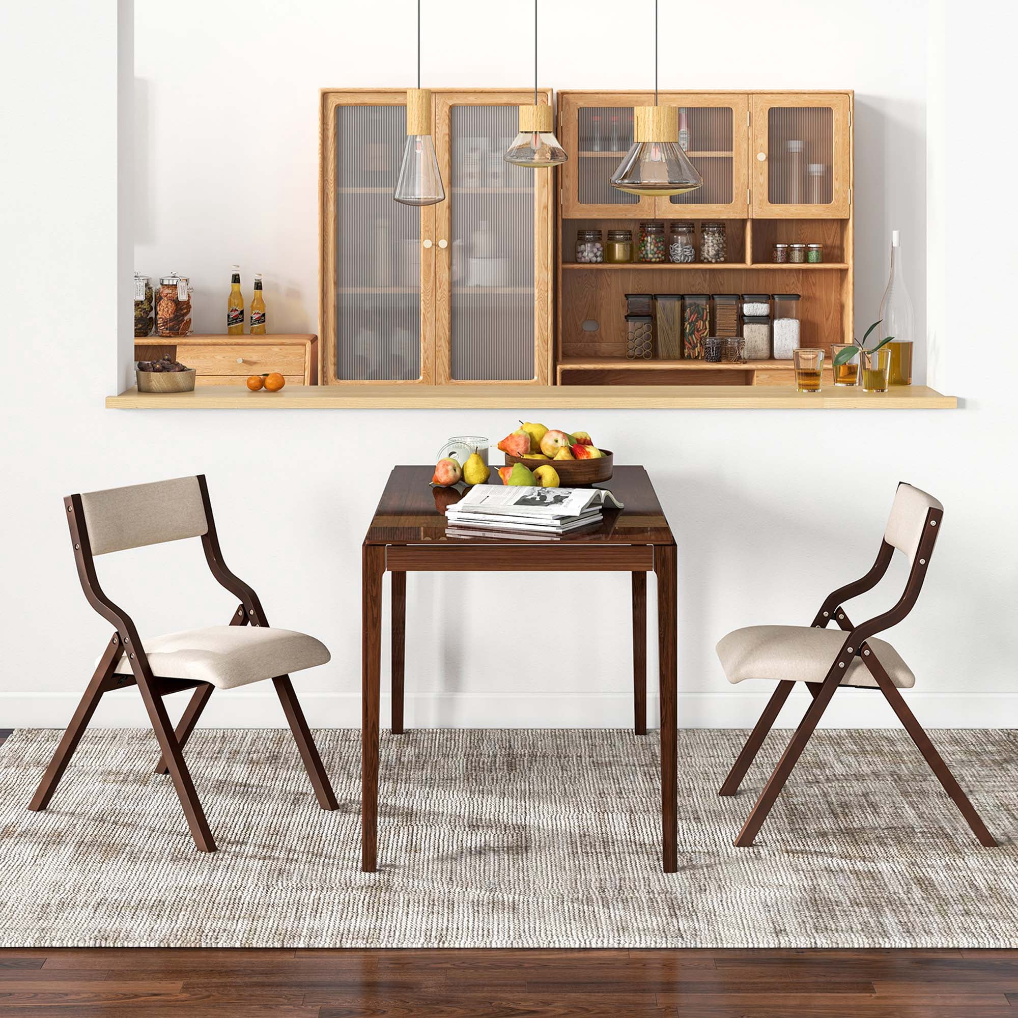 Costway Folding Dining Chair Set of 2 Wooden Upholstered Modern Linen Fabric Padded Seat