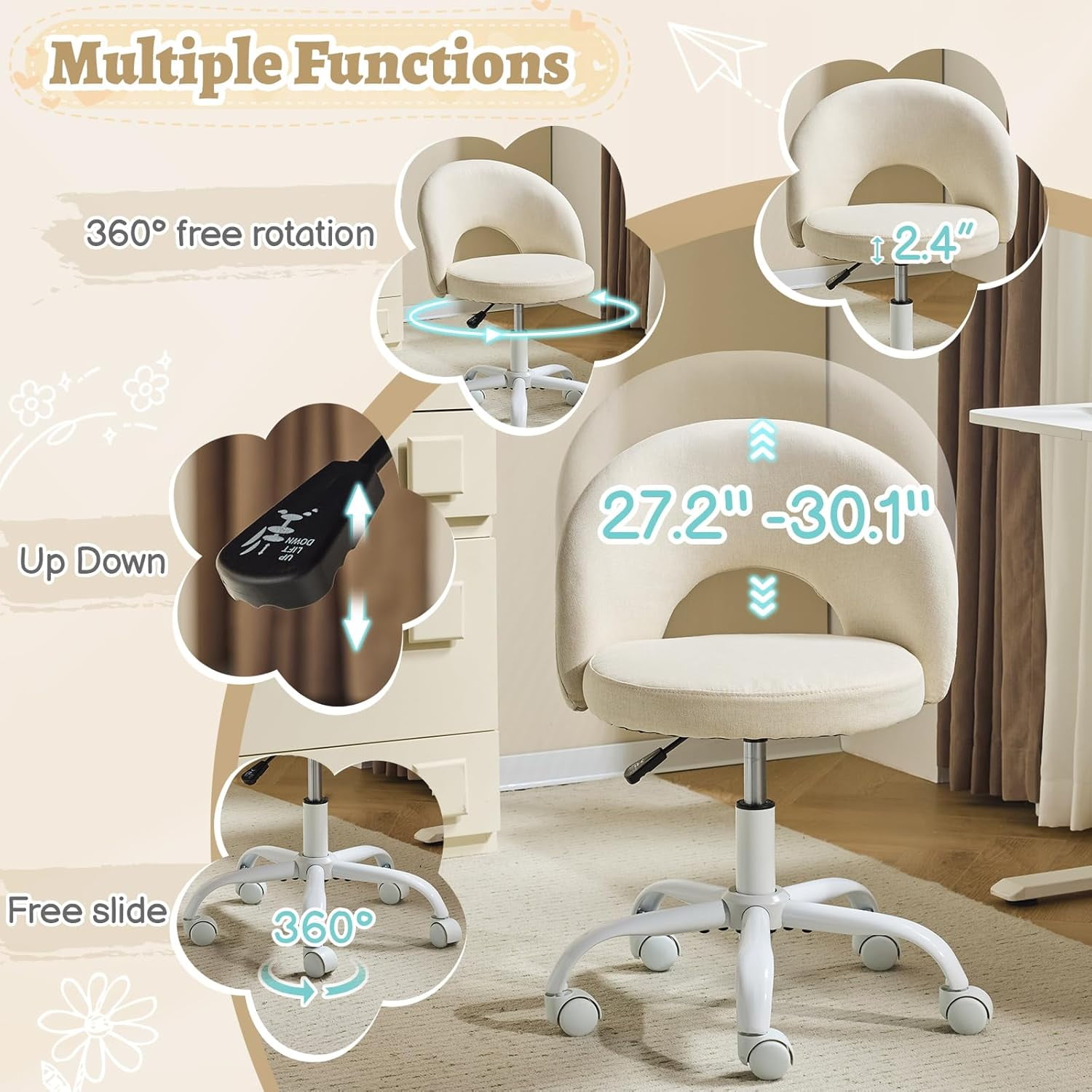 VINGLI Small Vanity Chair with Wheels for Girls.Cute Modern Adjustable Height Armless Office Desk Chair.360°Swivel Comfy Rolling Chair for Study, Make up Room,Small Space,Linen White