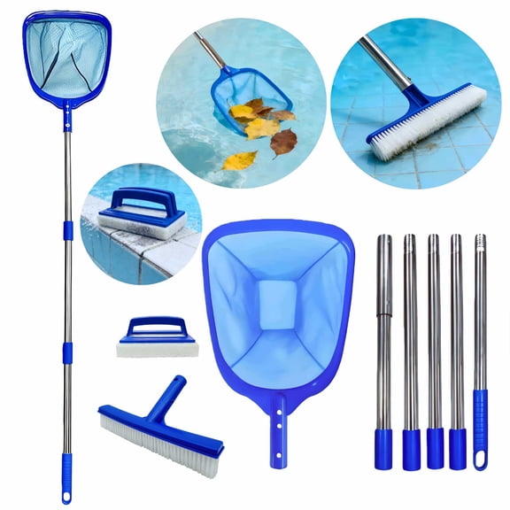 Swimming Pool Maintenance Kit with Telescopic Pole, Pool Skimmer Net and Pool Brush Set, 5-Section Adjustable Pole with Rubber and Foam Brush for Pool Floor, Wall and Debris Cleaning