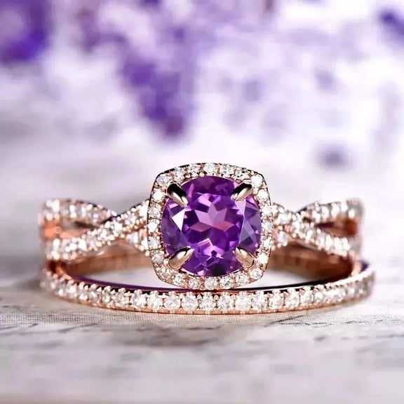 beryl_creation 4.00 Ctw Cushion Cut Amethyst & Diamond Wedding Anniversary Wedding Bridal Set Band Ring 14K Rose Gold Plated 925 Sterling Silver 925 Sterling Silver -4