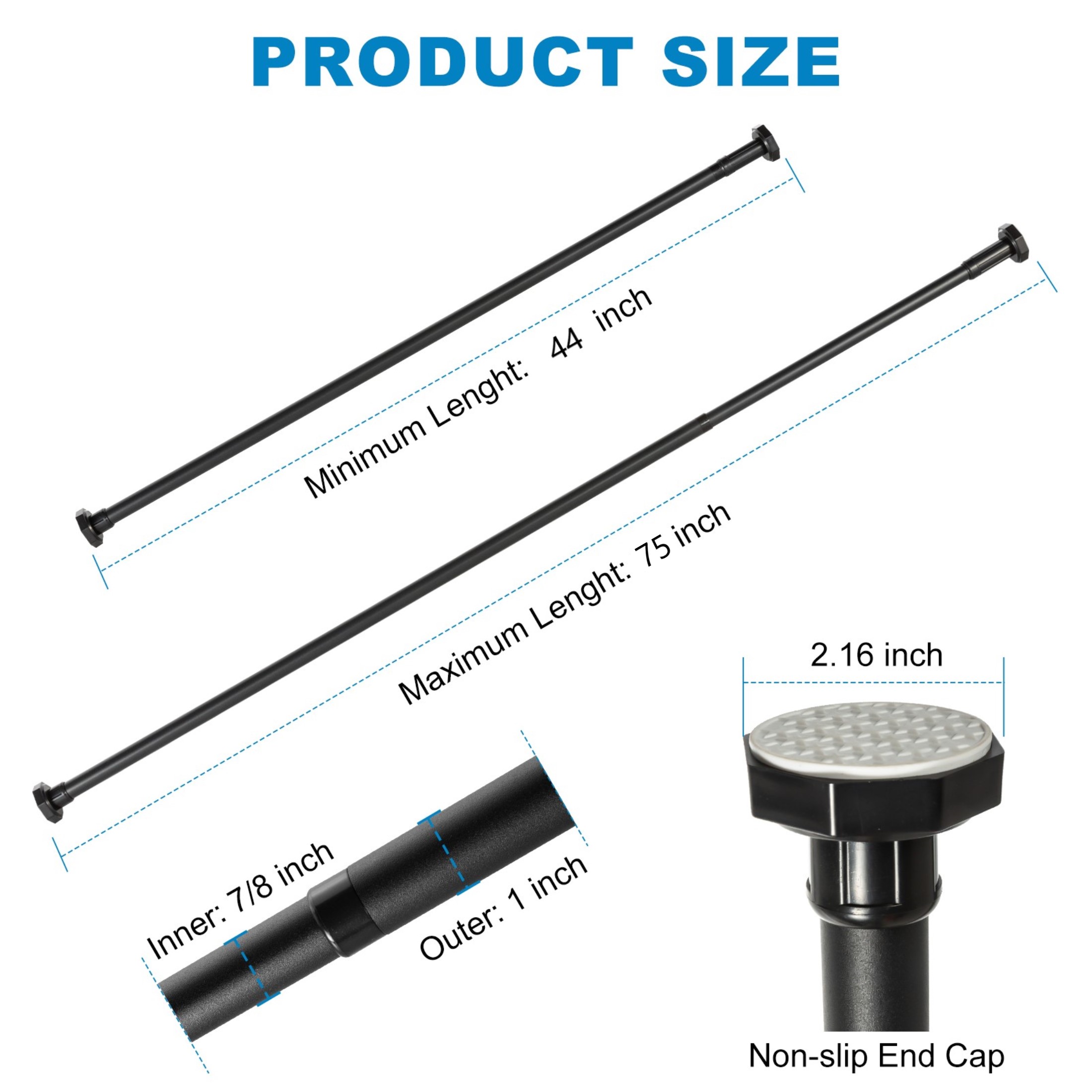 BEAMNOVA No Drill Telescopic Shower Curtain Rods, 44"-75" Adjustable Tension Rod, Rust-Resistant Stainless Steel for Windows Bathroom, Black (1 Pack)