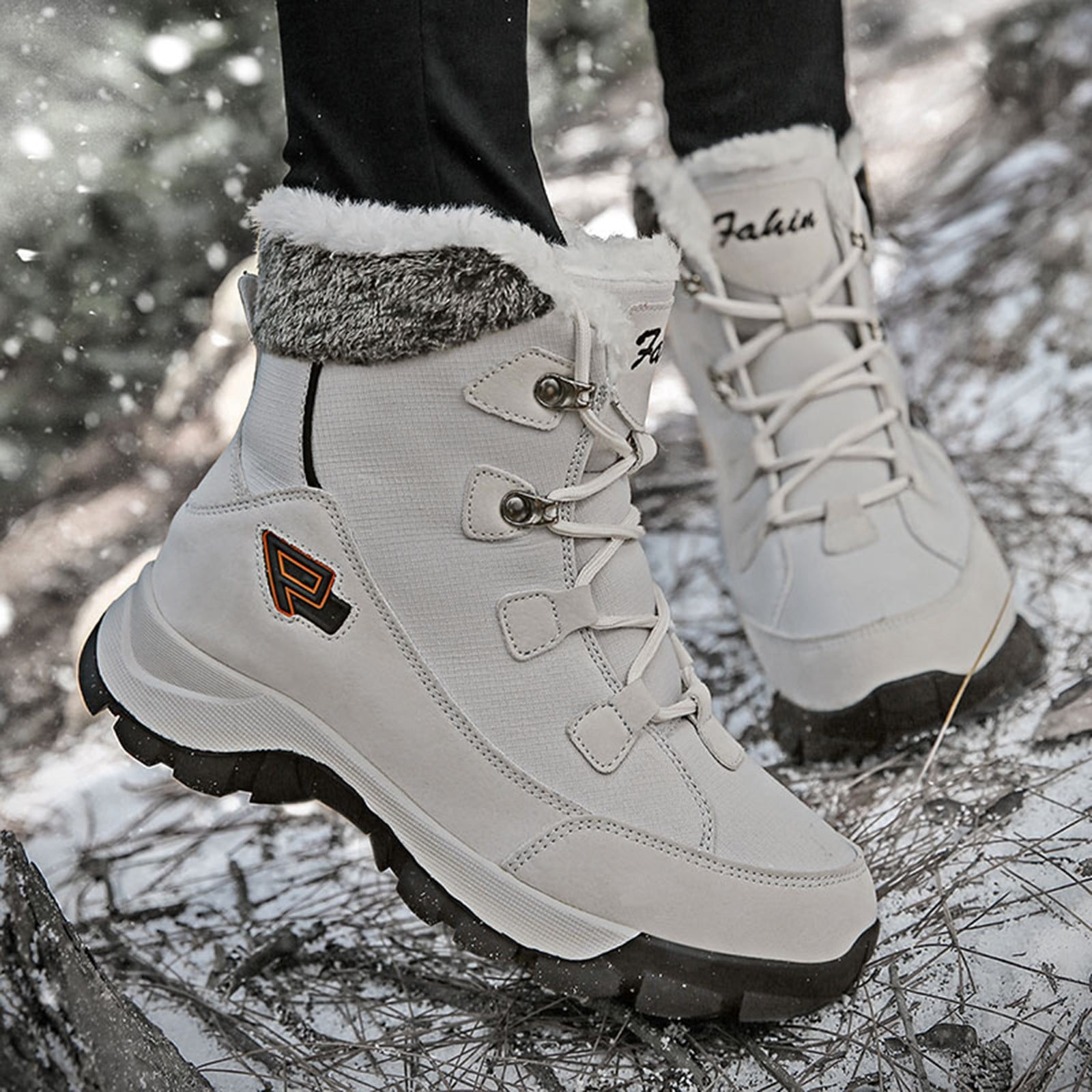 NKOOGH Boots Men Mens Snow Boots Wide Width Mens Casual Solid Color Suede  Mesh Splicing Lace Up Cotton Boots Warm Plush Thick Soled Snow Boots 