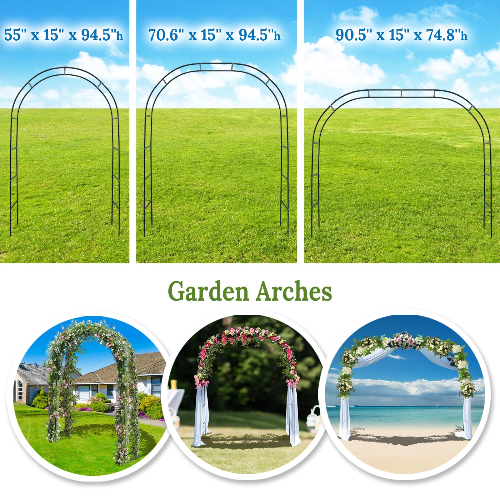 SUNNYOUTDOOR Metal Garden Arch Trellises Climbing Frame Wedding Arch Garden Arbor Outdoor Wedding Party Decoration Arbor, 90.5" W x 15" D x 74.8" H