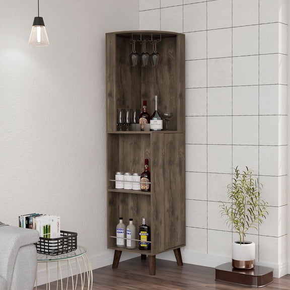 Tuhome Cincinatti Corner Bar Cabinet with Superior Top Shelf, Cup Rack, One Drawer