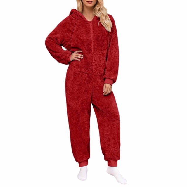 FRSASU Grenouillères pour Femmes pour Adultes, Grenouillère en Molleton pour Femmes, Grenouillères Duveteuses pour Femmes, Pyjamas pour Ados Rouge G(L)