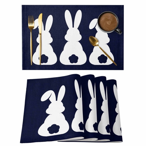 Easter Bunny Placemats Set of 8, Cute Rabbit Family Vintage Navy Blue Abstract Placemats for Dining Table, Place Mats for Kitchen Tabletop, Waterproof Wipeable Dining Table Mats Set
