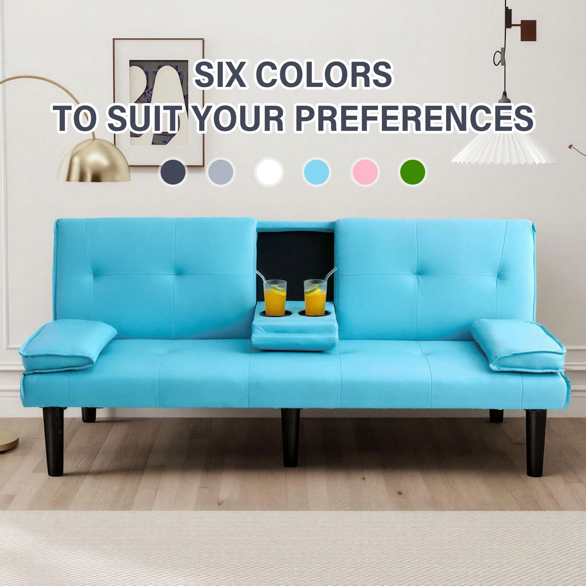 CARZZI LIFE Futon Sofa Bed PU Leather Modern Convertible Futon Couch with Removable Armrests, Cup Holders, Loveseat Sleeper Sofa Bed for Living Room, Apartment, Small Spaces (Blue)