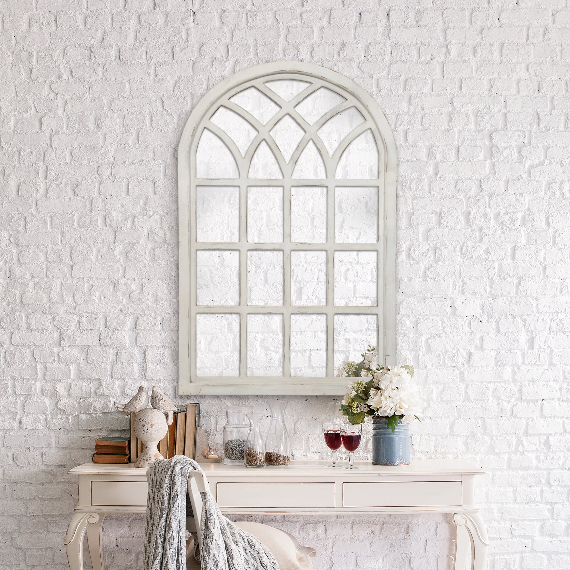 Gallery Solutions Farmhouse Cathedral Windowpane Wall Mirror in Antique