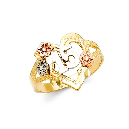 14k Tri Colored Tone Italian Gold 15mm Heart & Multi Flower Quinceanera 15 Anos Birthday Ring Size 9.5 Available All