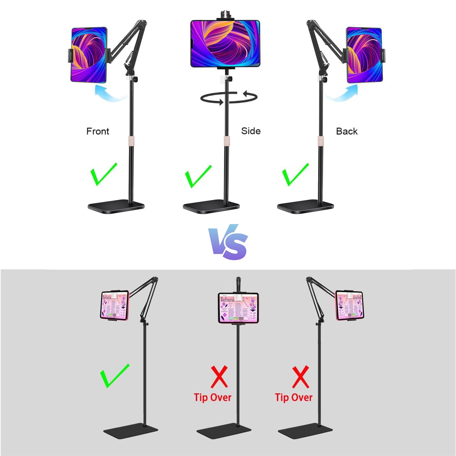 Hanru Tablet Floor Stand, 69" Height Adjustable 360-Degree Rotatable Tablet Holder, Thickened Stable Base, Arm Stretchable Stand, Overhead Bed Phone Mount（4"~12.9"）