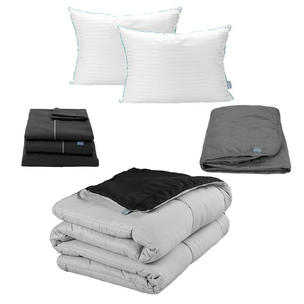 Edredón Dos vistas Queen Size Rogga Negro - Gris Perla + Protector Rogga + Sabanas Royal + Almohada Royal Twin