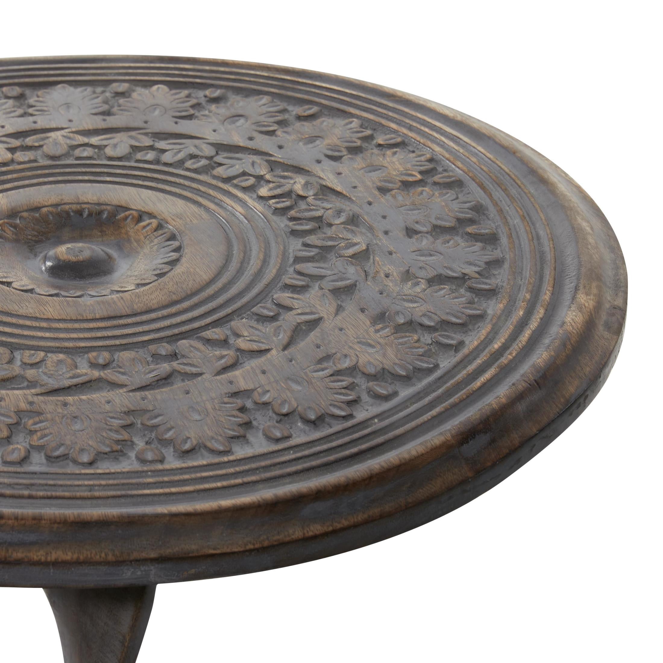 DecMode 18" x 22" Brown Mango Wood Handmade Intricately Carved Floral Accent Table with Spiral Pedestal, 1-Piece