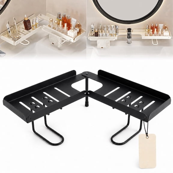 Drill-Free Foldable Faucet Storage Rack Carbon Steel Hollow Design Corner 180 Degree Multi-angle Rotatable Adjustable over the Sink Shelf Bathroom Organizer for Vanity Kitchen Counter (20in/Black)
