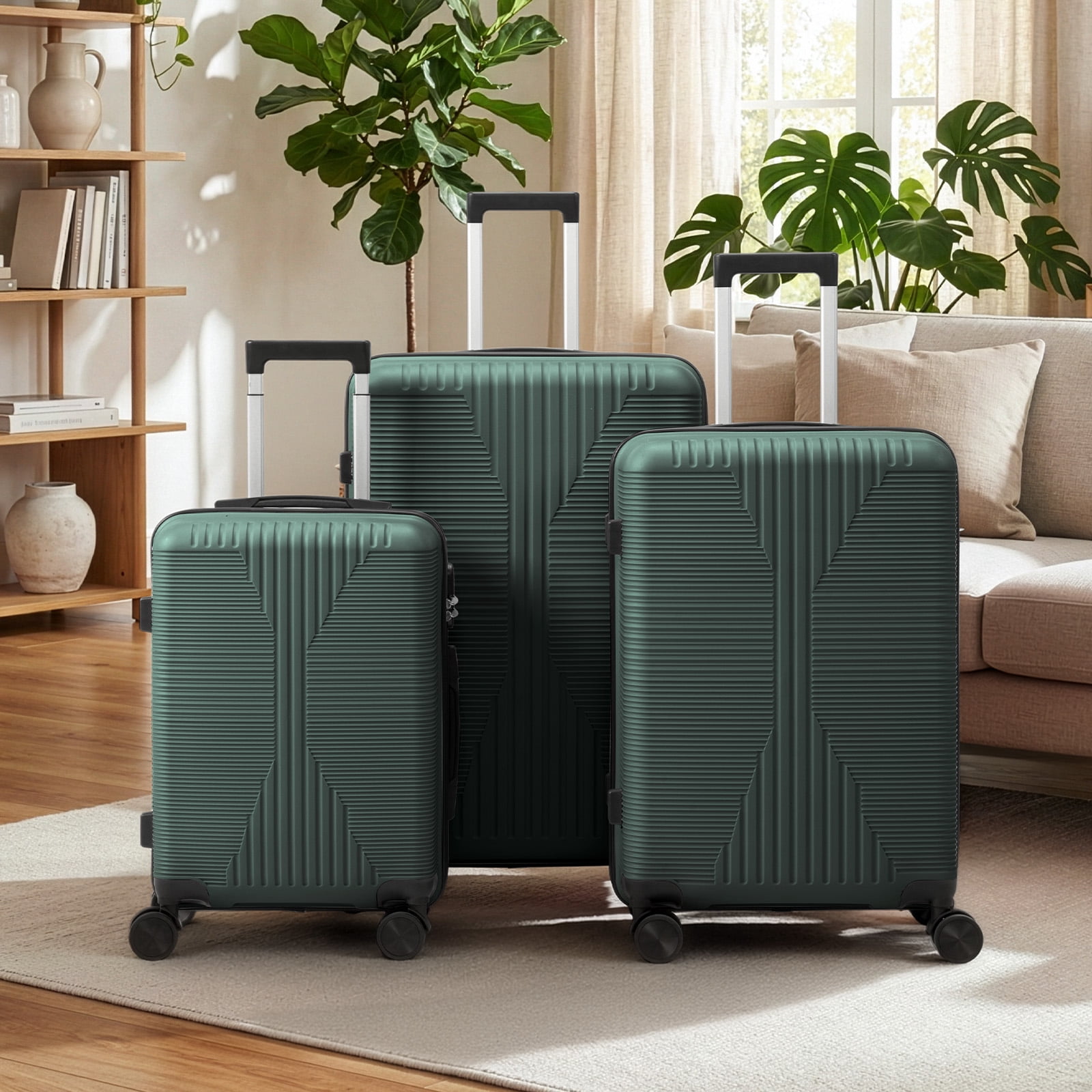 PP Trolley Case, 20in 24in 28in 3PCS Suitcase Set, Dark Green
