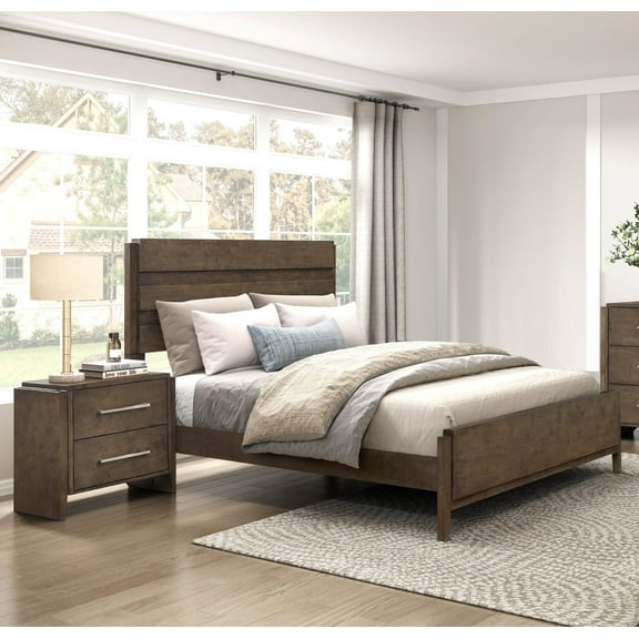 3pc Bedroom Set California King Size Panel Bed and Two Nightstands Dark Walnut Finish Durable Furniture