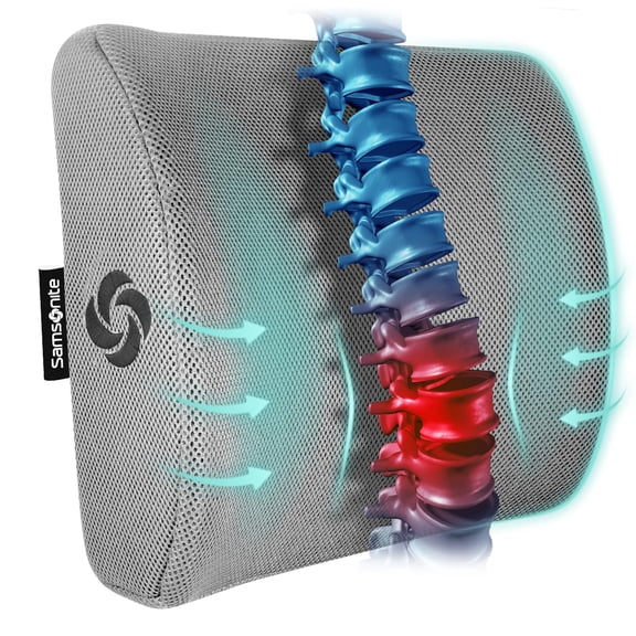 SAMSONITE Lumbar Support Pillow for Office Chair and Car Seat, Perfectly Balanced Memory Foam, Versatile Use Lower Back Cushion, Gray