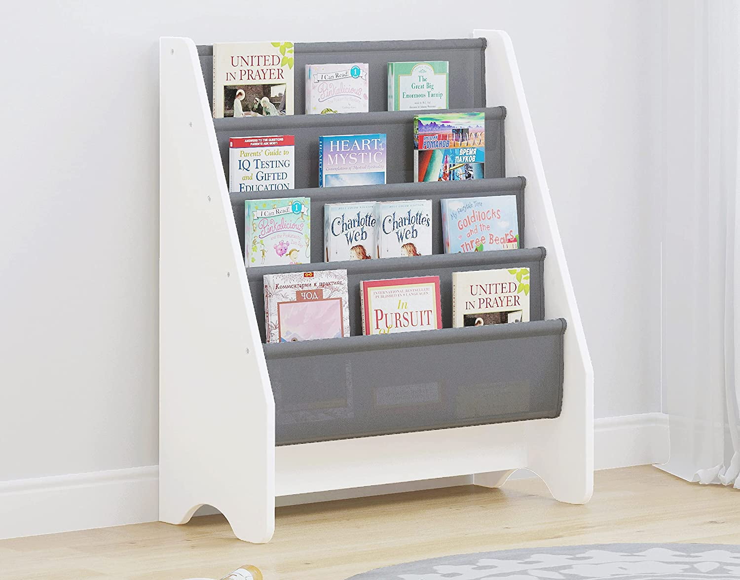 Solid Wood Kids Bookcase Book Shelf Sling Storage Rack Organizer Display Holder 