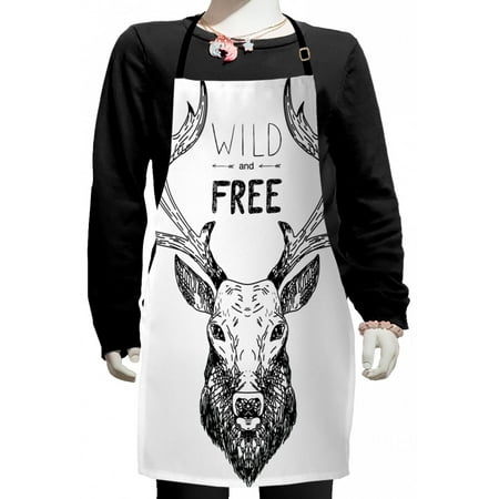 

Adventure Kids Apron Deer Head Tribal Sketch with Antlers Inspirational Wild and Free Phrase Boys Girls Apron Bib with Adjustable Ties for Cooking Baking Painting Black White by Ambesonne