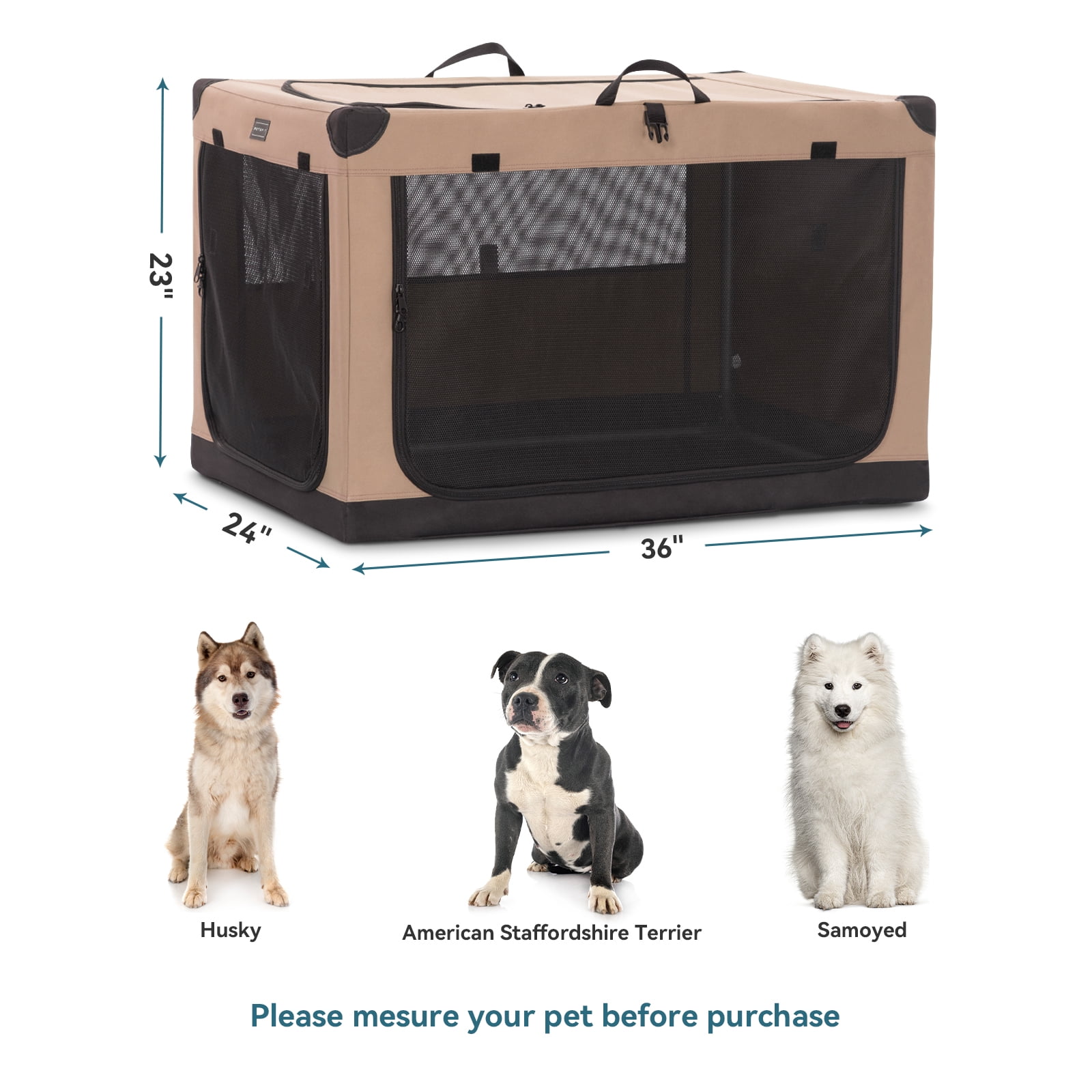 PETSFIT 36 Inch Portable Pet Care Kennel, Adjustable Fabric Cover by Spiral Iron Pipe,3 Door Design,Travel Dog Crate，Khaki