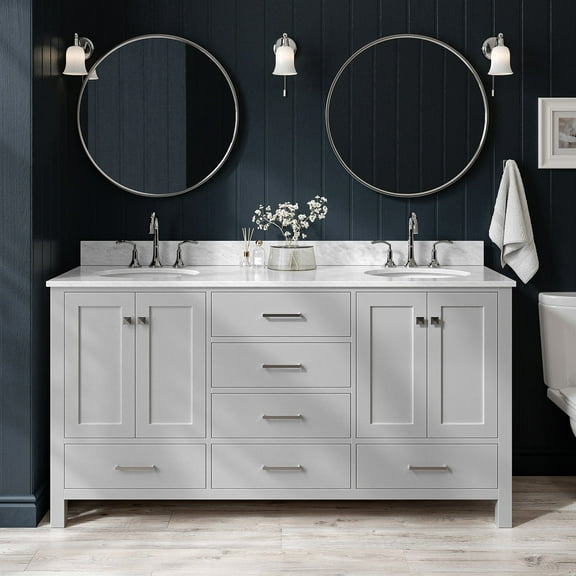 Ariel Cambridge 67 Inch Double Oval Sink Vanity With Carrara White Marble Countertop With 0.75 Edge In Grey