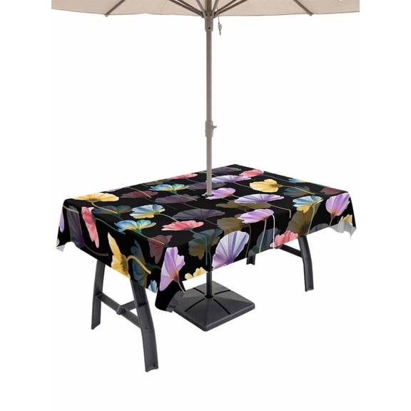 Outdoor Tablecloths with Umbrella Hole & Zipper, Spring Flowers Rectangle Tablecloth 60x120 Inch, Watercolor Floral Vintage Black Waterproof Table Cloth, Patio/Pool/Picnic Table Covers