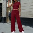 thumbnail image 3 of Bloomae Women 2 Piece Lounge Sweatsuit Sets Casual Summer Short Sleeve Crewneck Basic Cropped T-Shirts and Drawstring Elastic Waist Wide Leg Sweatpants Matching Tracksuit Outfits Wine XL, 3 of 9
