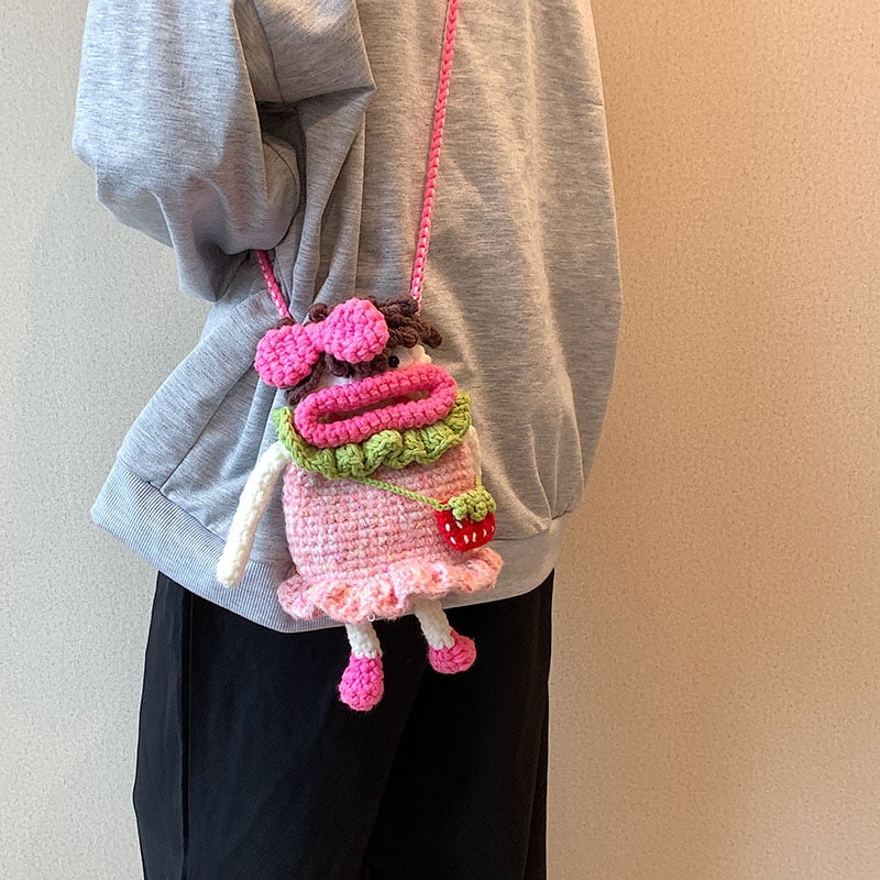 Baguery Handmade Crochet Phone Crossbody Bag for Women - Mini Knitted Cute Cell Phone Purse with Long Strap