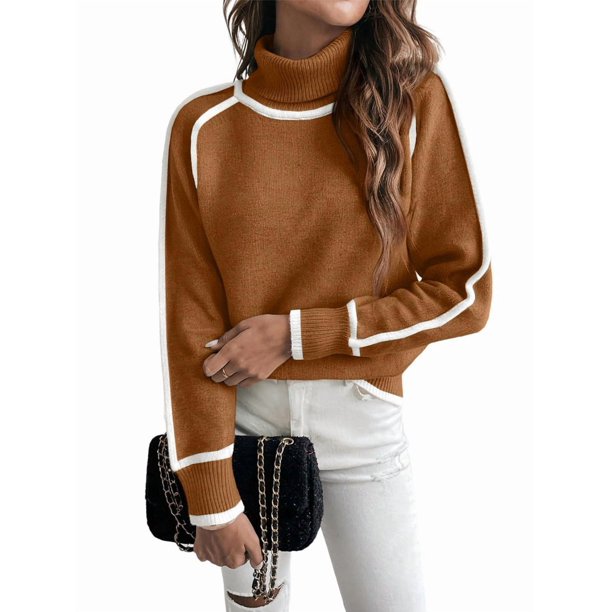 Suéteres de Otoño para Mujer, Modernos, Bonitos y Acogedores, de Cuello Alto, de Larga y Punto con Bloques de Color. Marrón Oscuro L