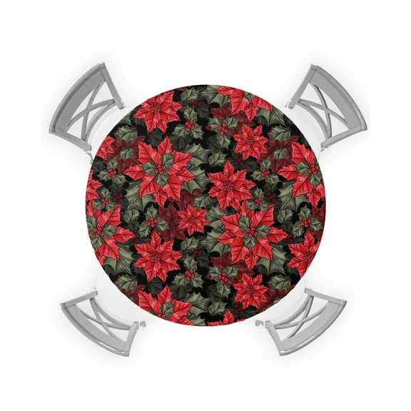 nqOlkjepod Christmas Poinsettia Round Tablecloth, Fitted Table Cover with Elastic for 55"-60" Round Tables, Xmas Floral Botanical Red Black Table Cloth Outdoor Dinning Party Waterproof Tablecloths
