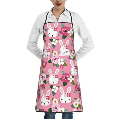 

Pofeuu Rose Rabbit Print Aprons with Pockets Cute Aprons for Kitchen Cooking Server Barber Chef Apron