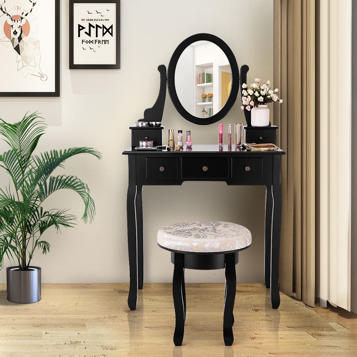 Black Vanity Makeup Dressing Table Desk Set 4 Drawers With Oval Mirror and Stool 