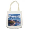 thumbnail image 1 of Landscape Tote Bag, Photo of Bled in Slovenia with Lake Snowy Mountains and a Castle Pastoral Scenery, Cloth Linen Reusable Bag for Shopping Books Beach and More, 16.5" X 14", Cream, by Ambesonne, 1 of 2