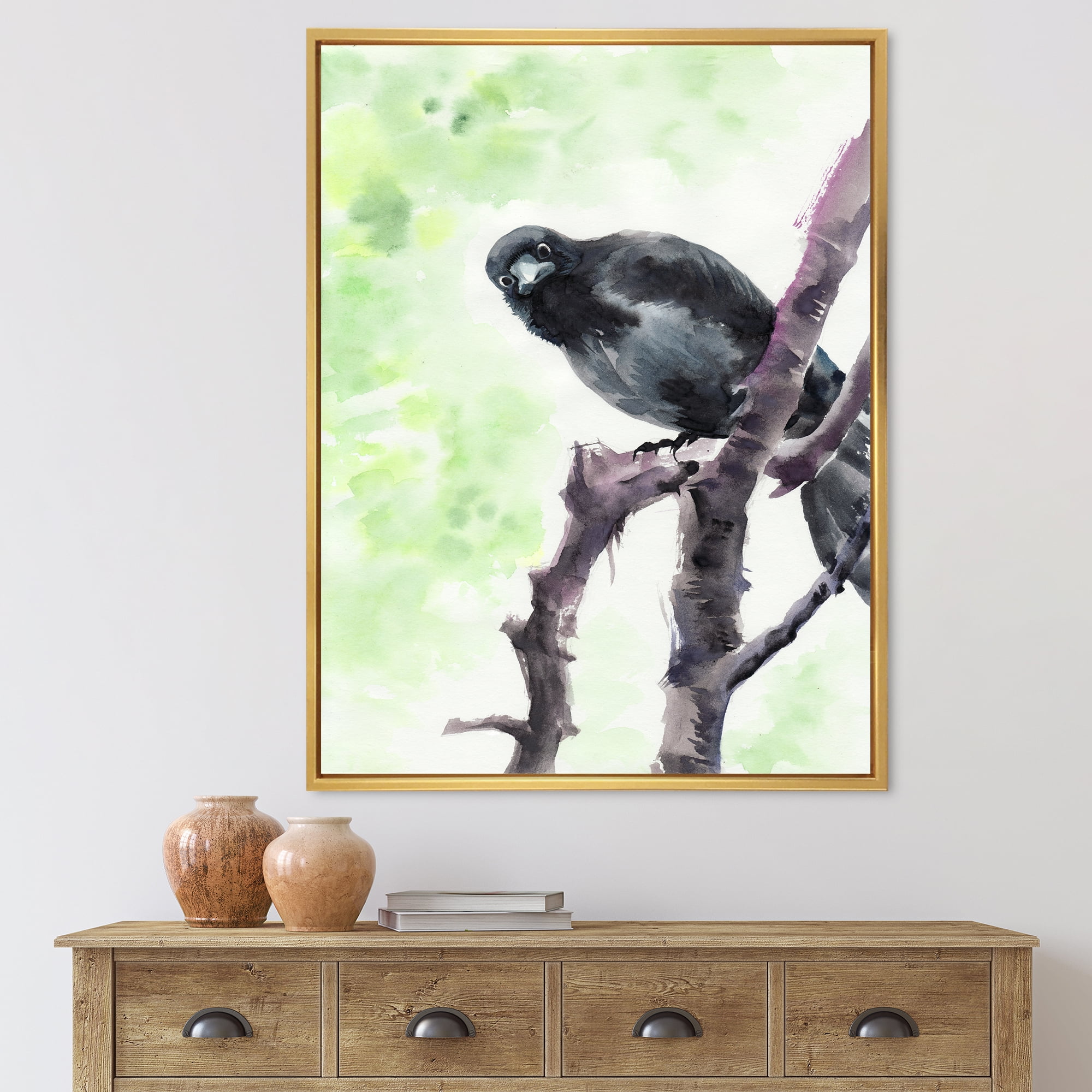 Designart 'Curious Crow Sitting On A Branch' Traditional Framed Canvas Wall Art Print