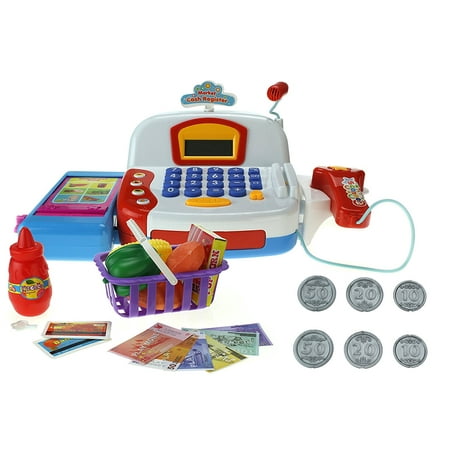 Special Toys Battery Operated Toy Cash Register w/ Flashing Scanner, Working Mic, Knob Operated Belt, Credit Cards, Money, Basket, Food, Lights & Sounds