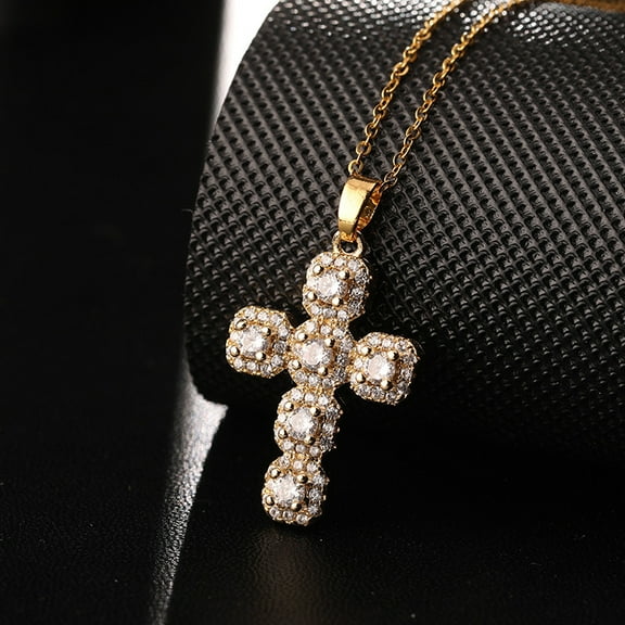 Luxury Female White Zircon Big Cross Pendant Clavicle Necklaces For Women 14K Yellow Gold Chains Wedding Party Neck Jewelry