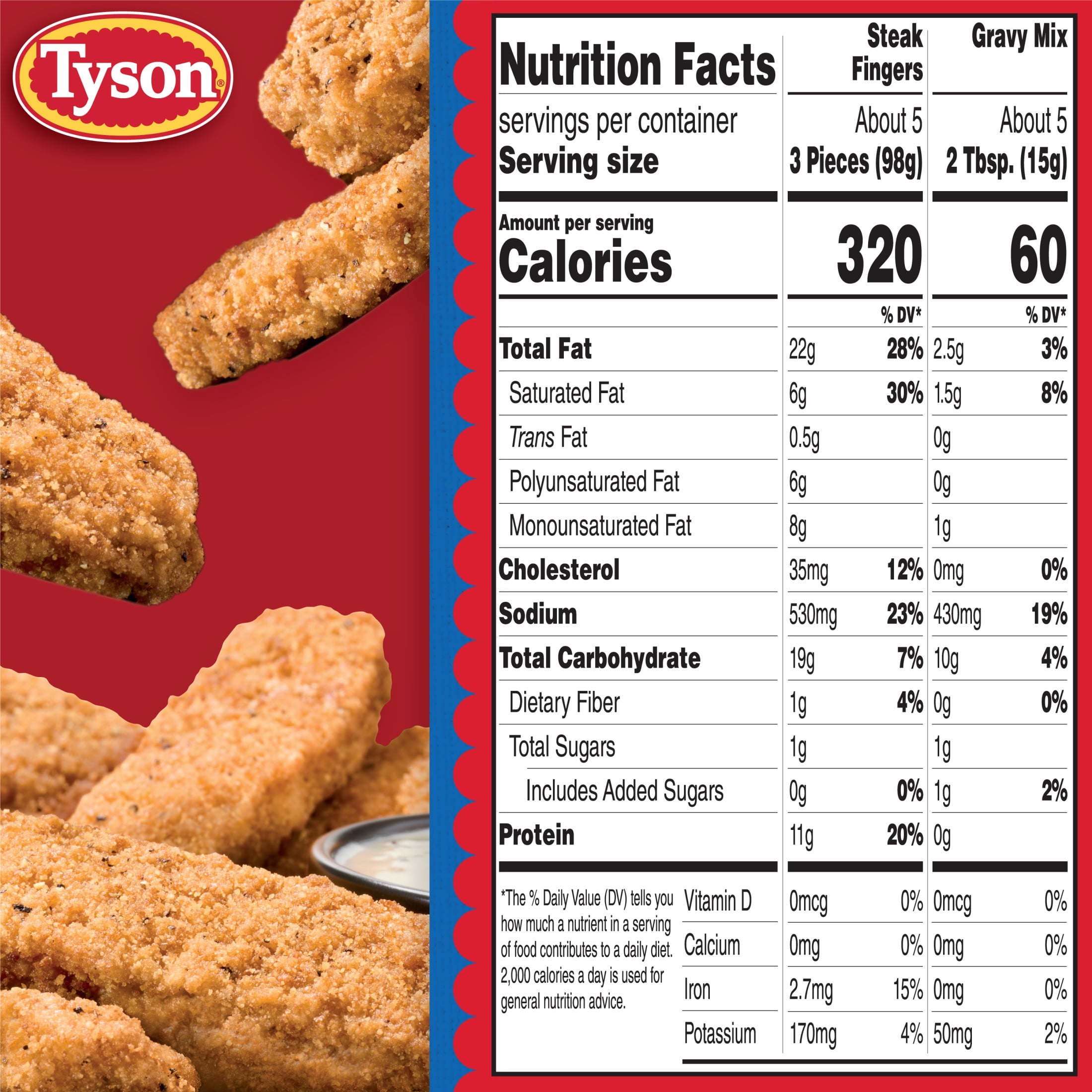 Tyson Steak Fingers with Gravy Mix, 22.75 oz (Frozen, Fully Cooked)