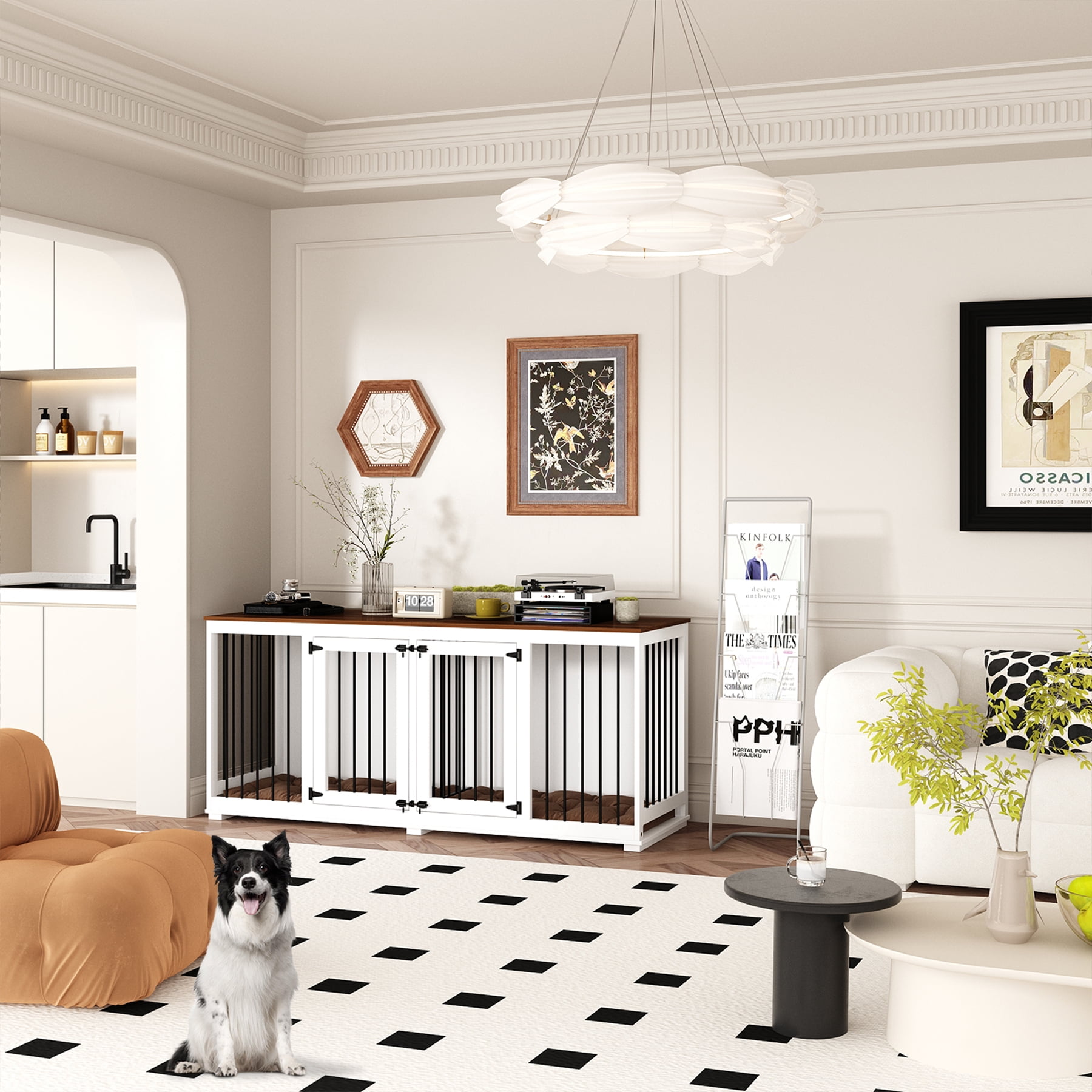 NARTRU 70.9" Large Double Dog Crate Kennel Furniture with Trays and Divider for Small Medium Large Dogs Indoor, White